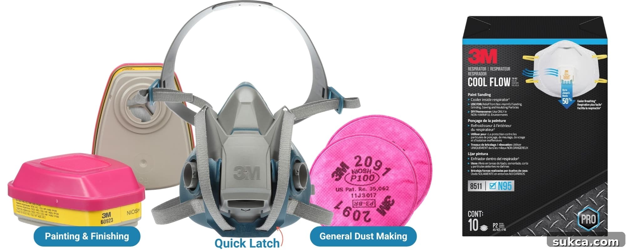 Respiratory Safety Gear Essentials A 3M reusable half-mask respirator with different filter cartridges and cleaning wipes.