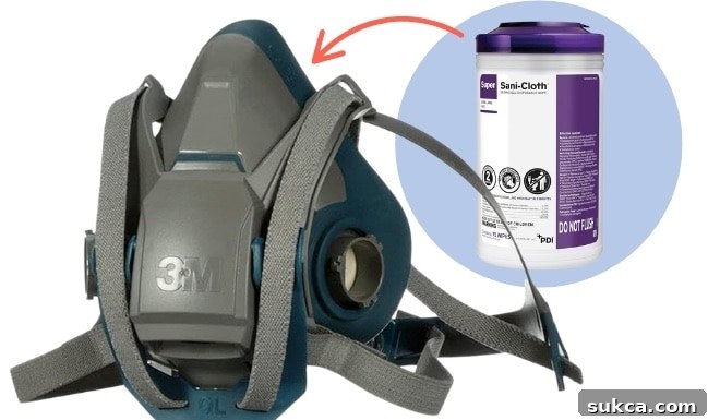 Respirator Cleaning and Disinfecting Person cleaning a half-mask respirator with a wipe.
