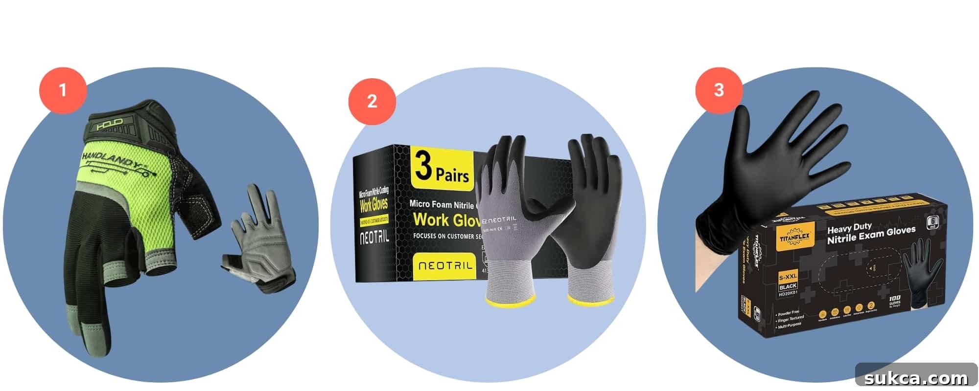 Variety of Hand Protection Gloves Different types of work gloves for various tasks: carpenter gloves, nitrile-coated, and disposable nitrile gloves.