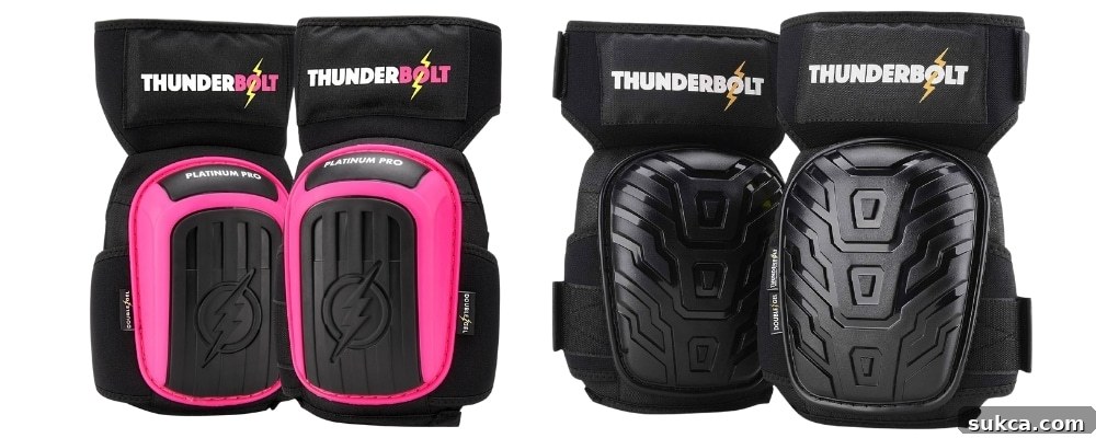 My Favorite Comfortable Knee Pads A pair of Thunderbolt knee pads on a workshop floor.