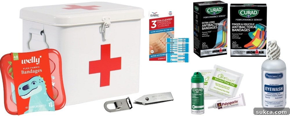 Workshop First-Aid Favorites A selection of first-aid items inside a metal tin, including bandages and splinter removers.