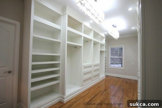 White built-in master closet design with sophisticated custom storage solutions