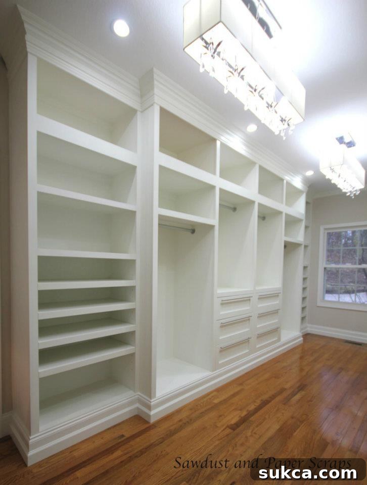 Spacious walk-in closet design showcasing meticulous organization and white built-ins