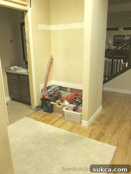 Clean Slate for Mudroom Renovation Cleaned and prepared alcove after demolition