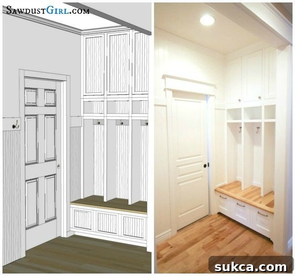 Full view of beautifully organized built-in mudroom lockers