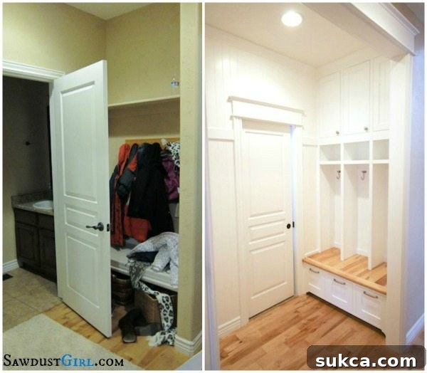 Before and after comparison of built-in mudroom storage lockers