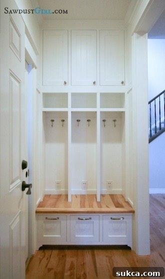 Individual built-in lockers for children in a mudroom