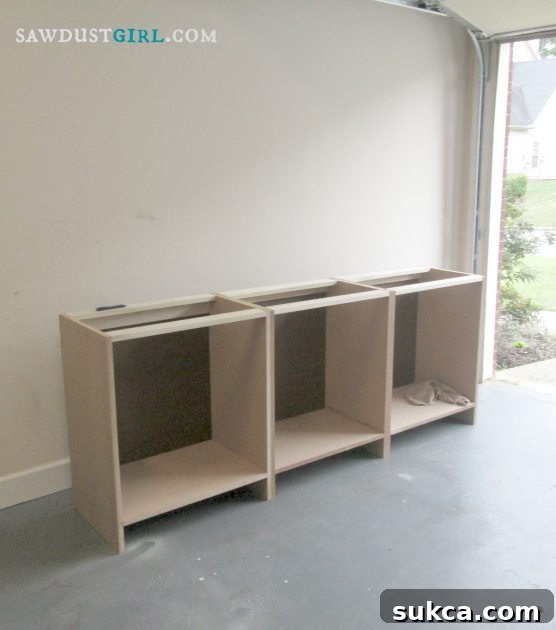 Three out of four built-in cabinet bases completed 3-of-4-finished - Progress in DIY Built-in Cabinet Construction