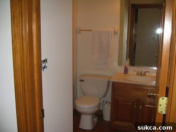 Powder room in Illinois house before renovation, showing old vanity and fixtures