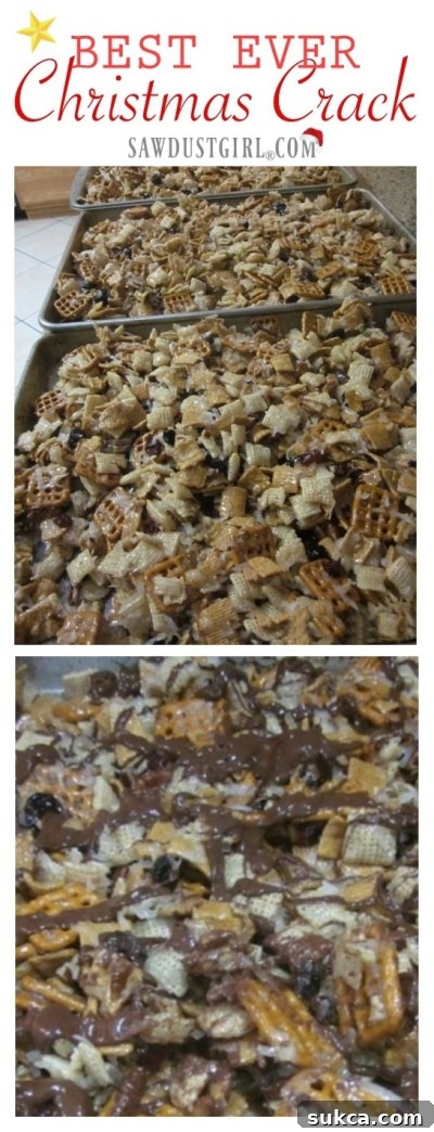 A vibrant display of homemade Christmas Crack, drizzled with chocolate