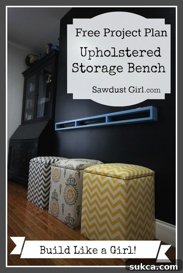 Upholstered Storage Bench Tutorial from @Sawdust Girl - Small decorative element, often used as a logo or icon.
