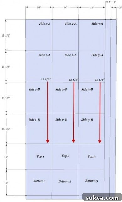 Upholstered storage benches - optimized cut list diagram showing how to maximize lumber from a single sheet