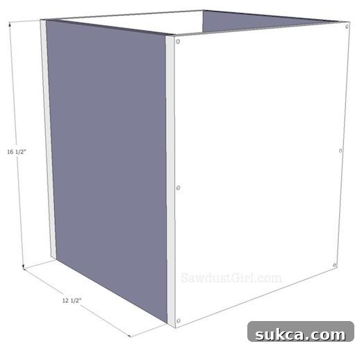 Upholstered storage bench tutorial - Close-up of corner joint assembly with fasteners