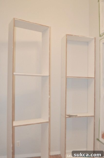 Detailed view of a DIY bookcase unit with free plans available, showcasing quality craftsmanship