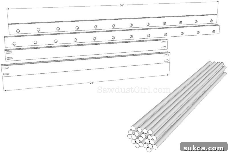Close-up of drilled dowel holes and pocket holes in frame pieces.